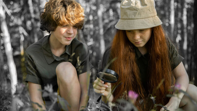deux enfants avec une loupe observant des fleurs dans la nature