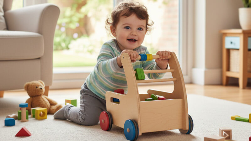 ein Kind, das mit einem Lauflernwagen aus Holz spielt