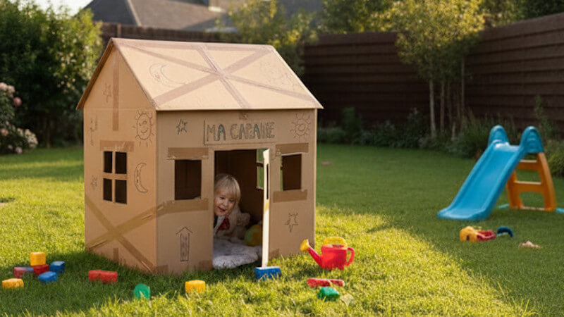eine Kinderhütte aus Pappe im Garten