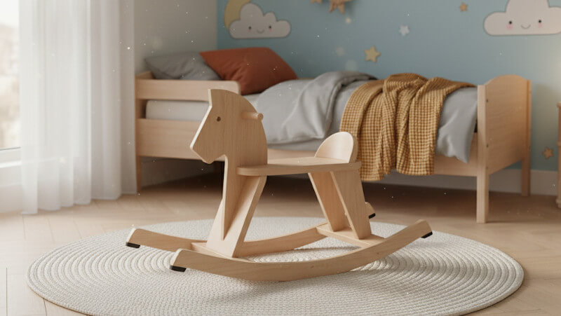 un caballito balancín de madera en una habitación