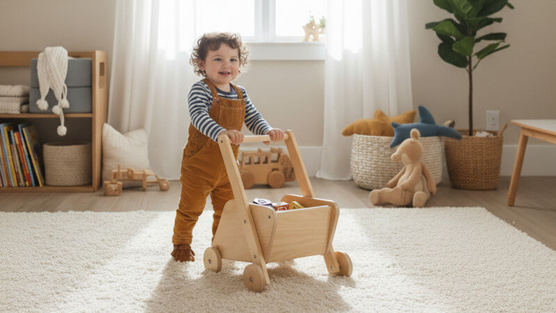 un enfant debout avec un chariot de marche en bois