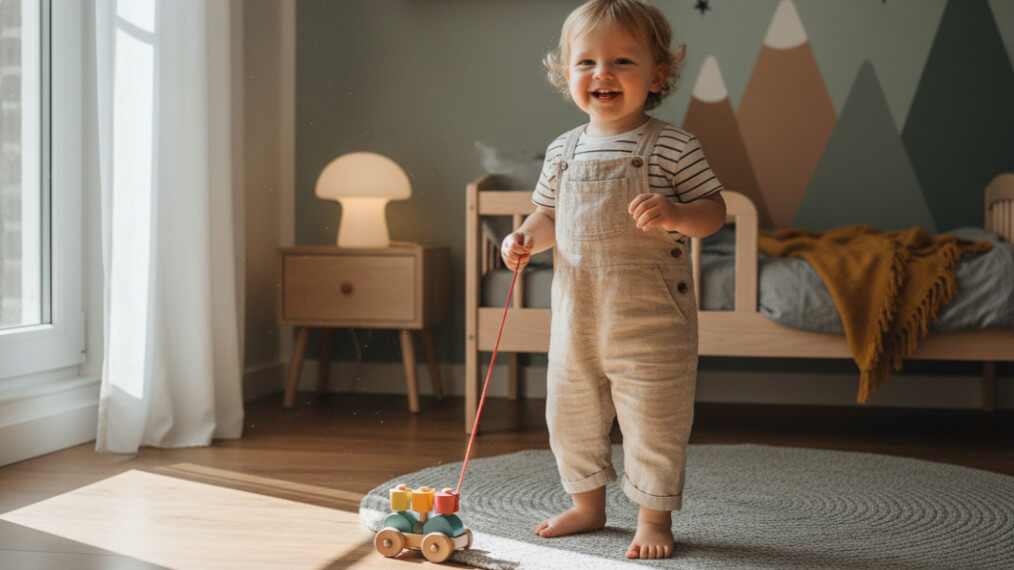 un enfant debout avec un jouet à tirer en bois