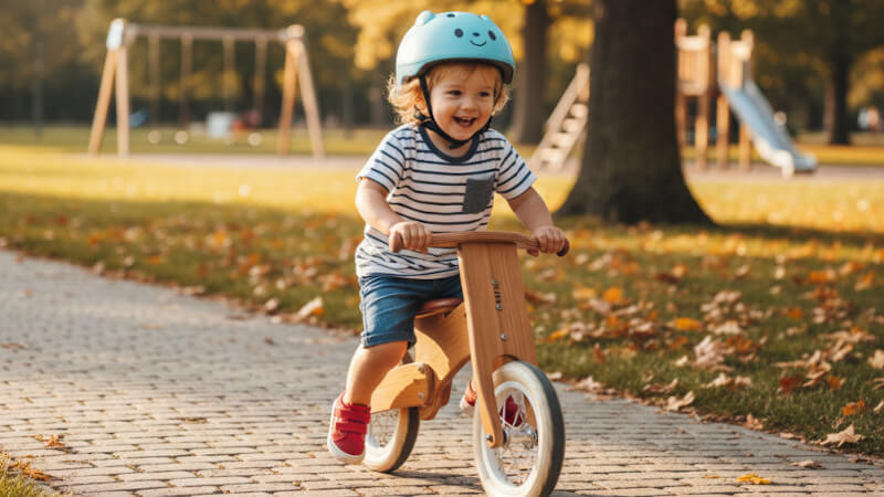 un enfant jouant avec une draisienne en bois