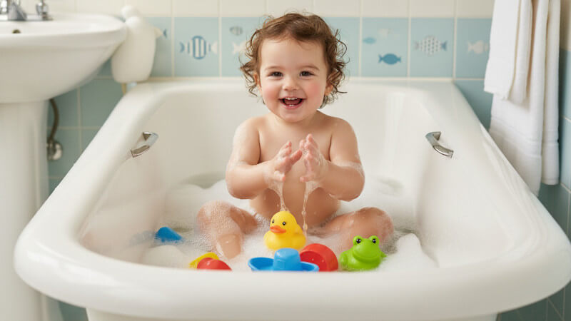 une enfant avec des jouets de bain en plastique