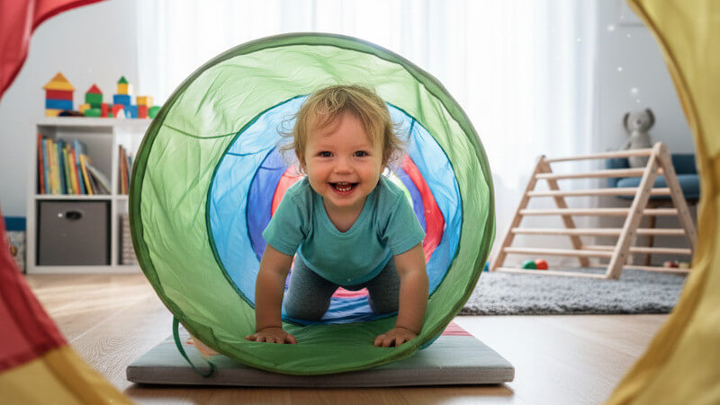 une enfant jouant dans un tunnel de jeu